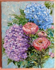 Hydrangea ORIGINAL OIL Painting ROSES FLOWERS  impasto 10"x 8" by Olga Diduh.