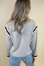 White Stripe Contrasted Ruffle Trim Loose Long Sleeve Top
