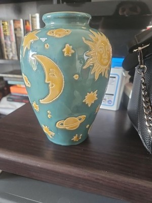 Himmlische Sonne Mond Stern Vintage Keramik Vase 90er Jahre Y2K Whimsygoth