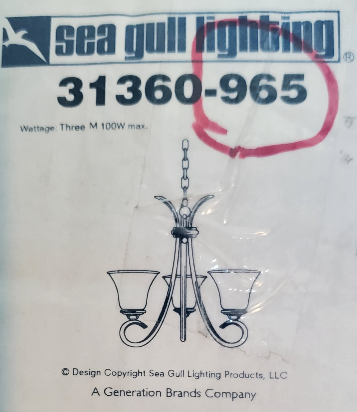 3-Light Chandelier Brushed Nickel  Sea Gull Lighting Vintage. Unopened Box