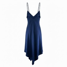 Halston Satin Slip Dress L Blue Asymmetric Hem Bias Cut Evening Dress