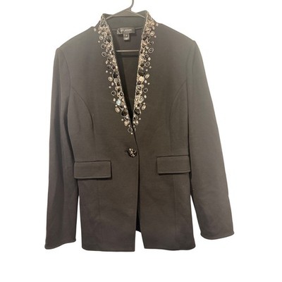 St. John Black Knit Blazer Crystal Gemstone Embellished Jacket Size 10 Evening