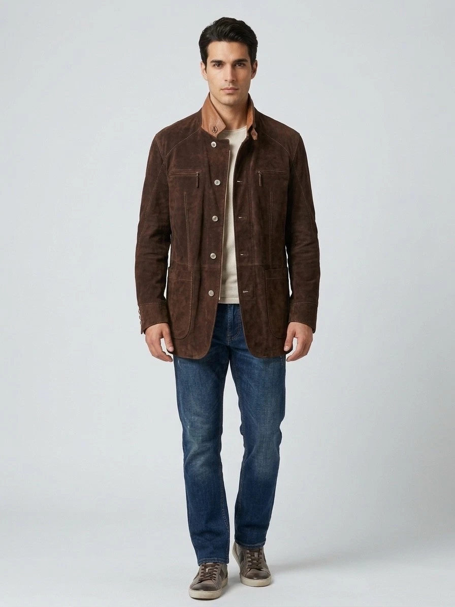 GIMO'S MENSWEAR Suede XL Jacket Brown Leather Utility Safari Field Blazer Italy - product detail image 24