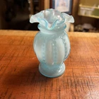 Small Vintage Light Blue Fenton Glass Melon Beaded Ruffle Vase