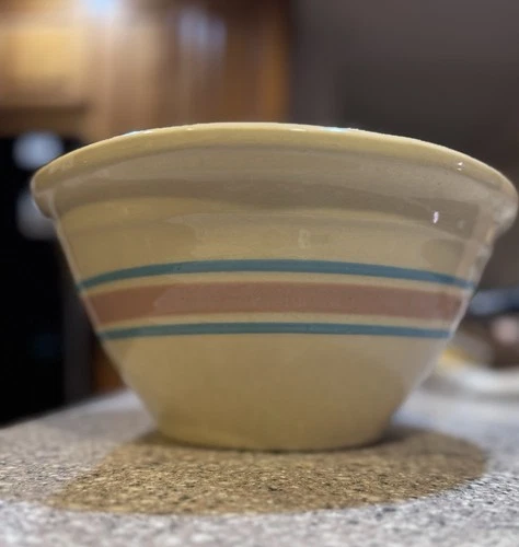Vintage McCoy Pottery #10 Large Oven Ware Mixing Bowl Pink Blue Stripe USA 10"