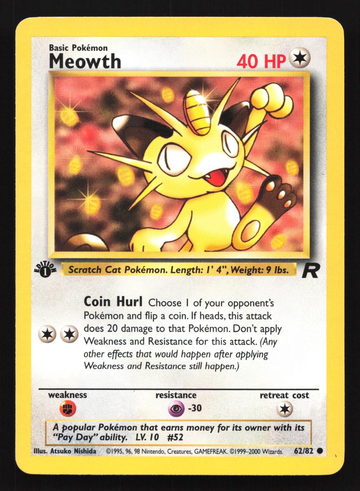 Meowth 62/82 Team Rocket 1st Edition Common Pokemon Card