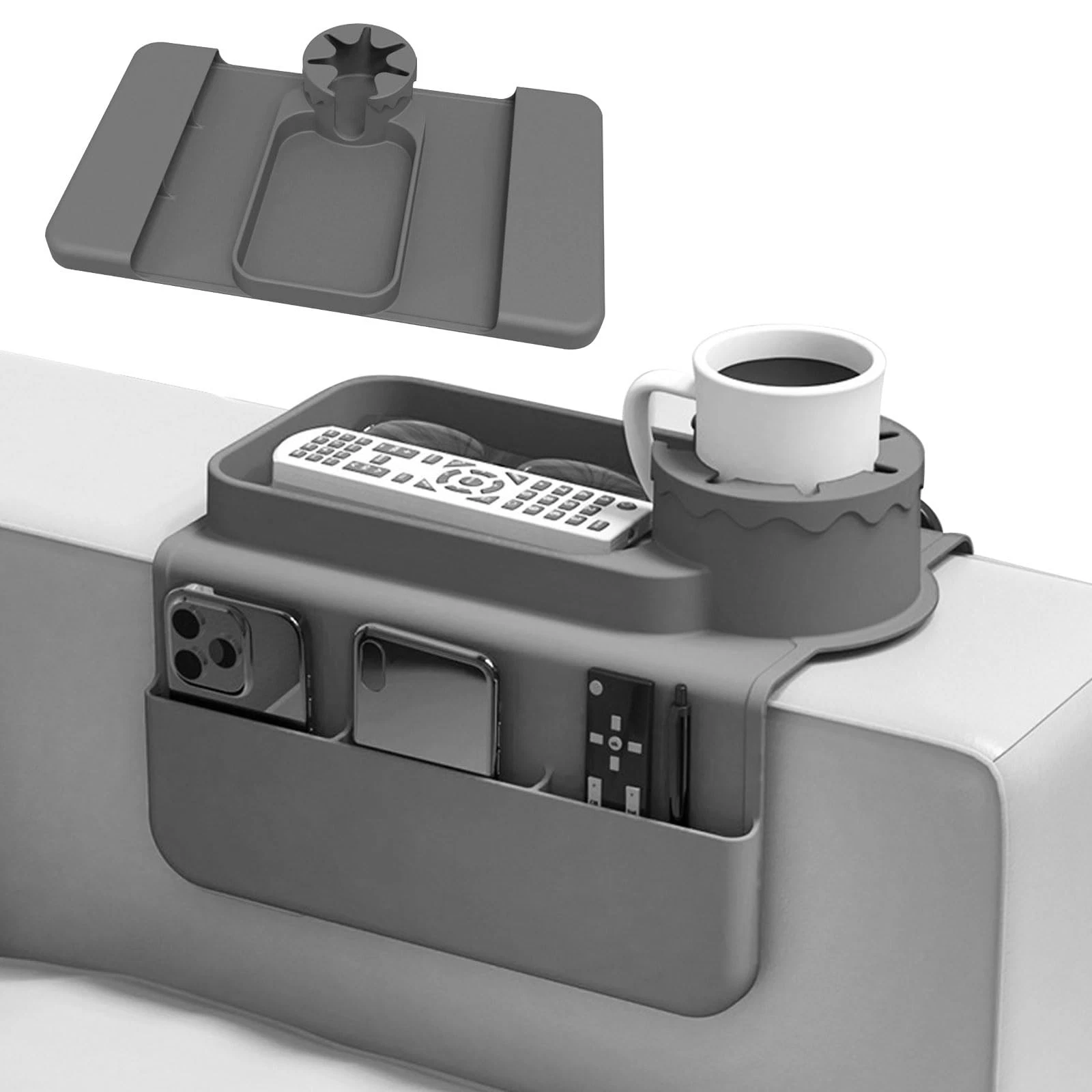 Couch Cup Holder, Silicone Anti-Slip Sofa Armrest Tray with Dual Side Grey