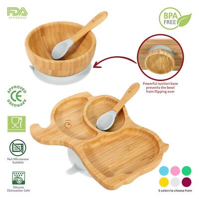 Bambus Elefant Teller Schüssel & Löffel Set Saugnapf Stay-Put Design