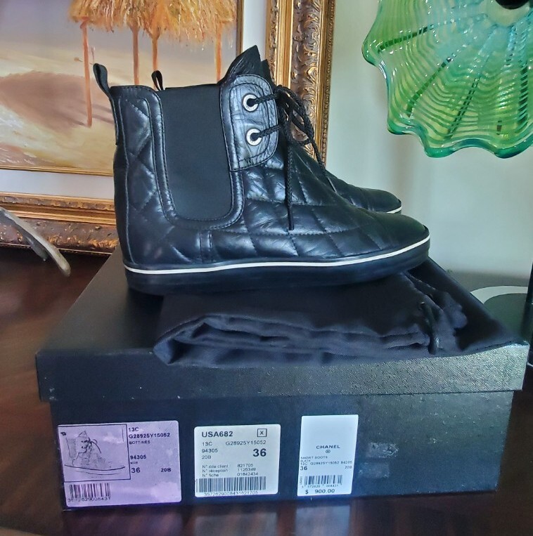 Chanel Diamond Quilted Ankle Boot Sneaker Shoe Style Lamb