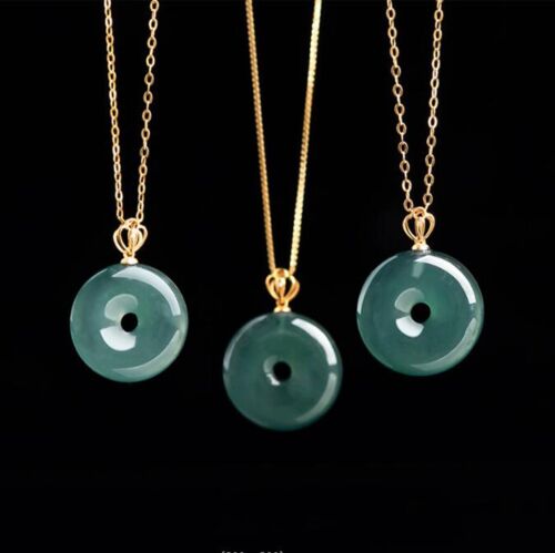 Certified Natural Grade A Jade jadeite 18K Solid Gold Circle Pendant Necklace - Picture 2 of 13