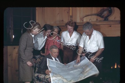 Men Women Looking at Map Fireplace 35mm Slide 1940s Red Border Kodachrome 1943