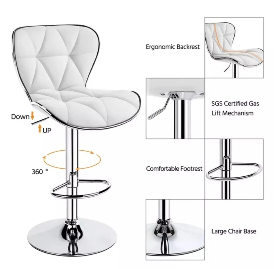 White Bar Stools Set of 2 Adjustable Kitchen Midback Swivel Chairs Modern NEW - Image 2 of 4