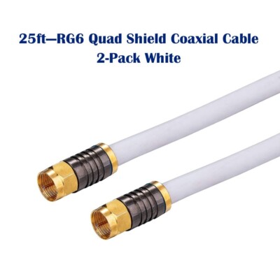 2-Pack -25ft White RG6 Quad Shield Coax Cable for TV Antenna Satellite Dish DVD