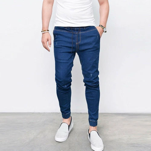 Men Elastic Waist Skinny Denim Casual Pants Slim Fit Ripped Trousers Bottoms - Picture 6 of 16