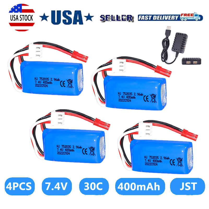 4x 400mAh 7.4V 30C 2S LiPo Battery w/ JST Plug for Micro FPV RC