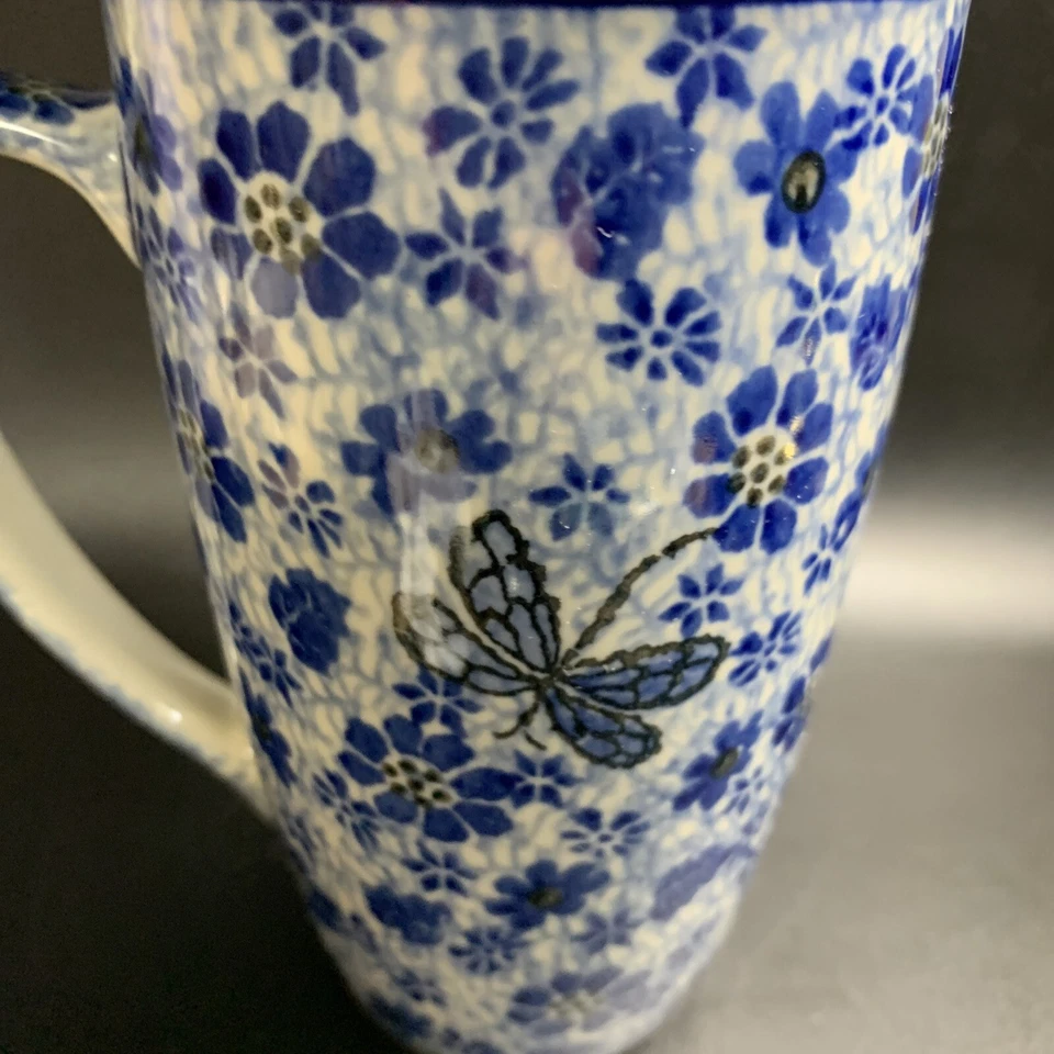 Taza de café con leche de cerámica polaca tapa azul margaritas floral libélula hecha en Polonia Foto 4 de 4