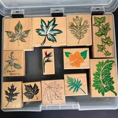 Floral Leaf Rubber Stamps Lot of 12 Various Sizes in case Vtg 1990's Good Cond