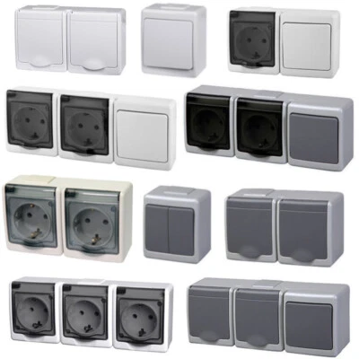 PAWBOL Aufputzsteckdosen IP44 Feuchtraum Schuko Schalter Taster grau weiß Außenbereich