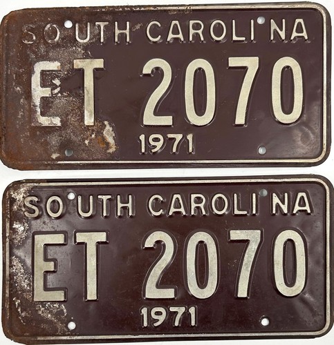 Unique Vintage 1971 South Carolina SC License Plate Tag Matching Pair - ET 2070