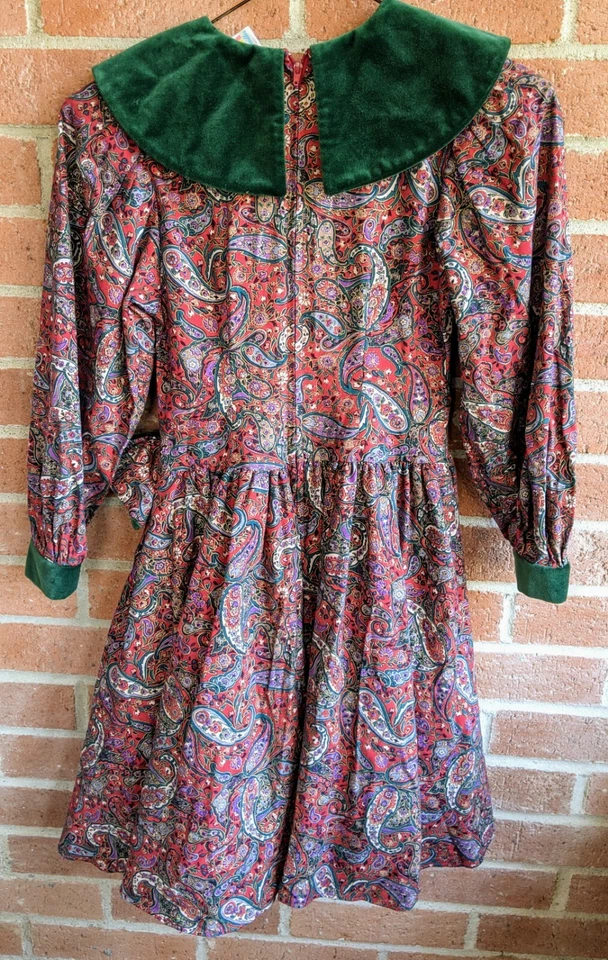 Vestido Vintage Mille Feuilles Niñas Talla 7 Verde Terciopelo Paisley Lazo Vacaciones Canadá Foto 3 de 4