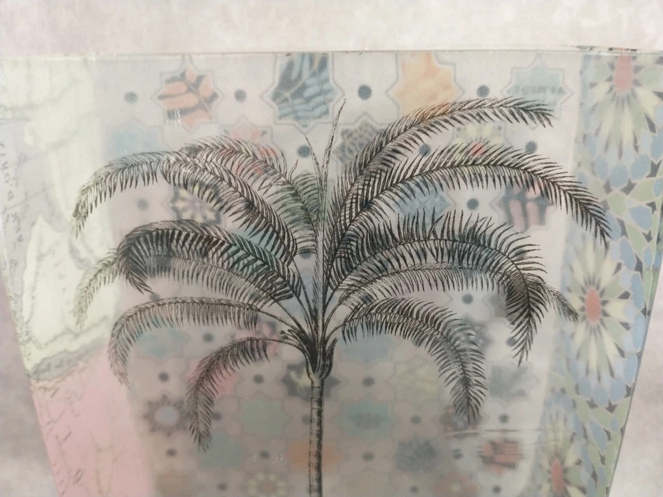 Jarrón rectangular de vidrio artístico con flecos Afrique Le Sahara palmera boho morisco Foto 3 de 4