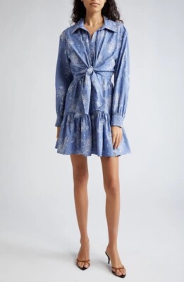 NWT$395 Cinq à Sept  Abrielle Floral Knotted Minidress chambray sz 8