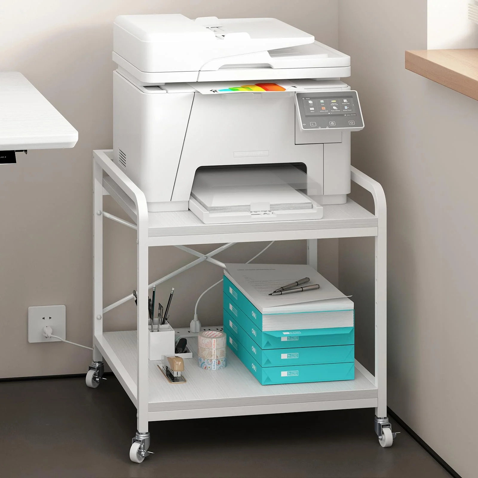 METYERRY Under Desk Printer Stand with Power Outlet, Adjustable Shelf ...