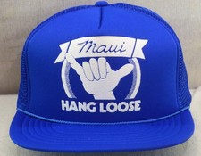 Vtg Hawaiian Headwear Maui Hang Loose Blue Trucker Hat Mesh Snapback Cap Surfer