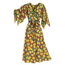 J. Peterman Lemon Print Dress 100% Silk Handkerchief Sleeve V Neck Dress Size 6