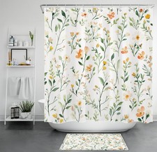 Watercolor Green Leaf Orange Wildflower Shower Curtain Bathroom Accessories Set