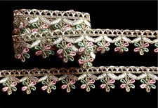 1 1/8-inch-wide Gold Pink Green Lace Trim Flower Embroidered price per yard