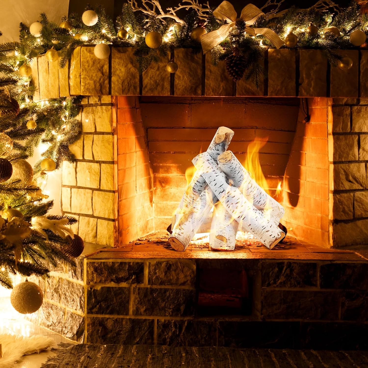 Skyflame 6 Piece Set of Gas Fireplace Logs, Large White Birch Ceramic Logs... 