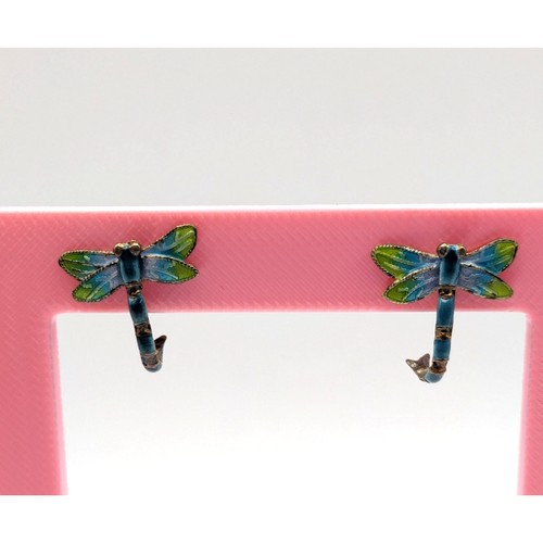 THOUSAND FLOWERS Dragonfly Cloisonné Enamel Sterling Silver Stud Earrings VTG