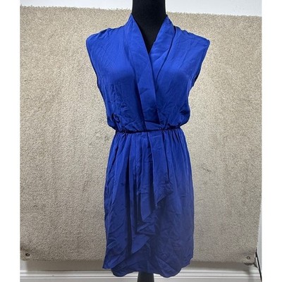 Akiko Womens Small Royal Blue Sleeveless Faux Wrap Ruffle Drape Cocktail Dress