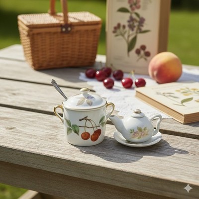 Royal Worcester Evesham Fireproof Porcelain Lidded Jam Jar & Miniature Tea Pot