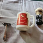 Vtg Lot Of 3 Stainless Razor-Vanderhagen Shaving Brush-MacGregor Mug Milk Glass