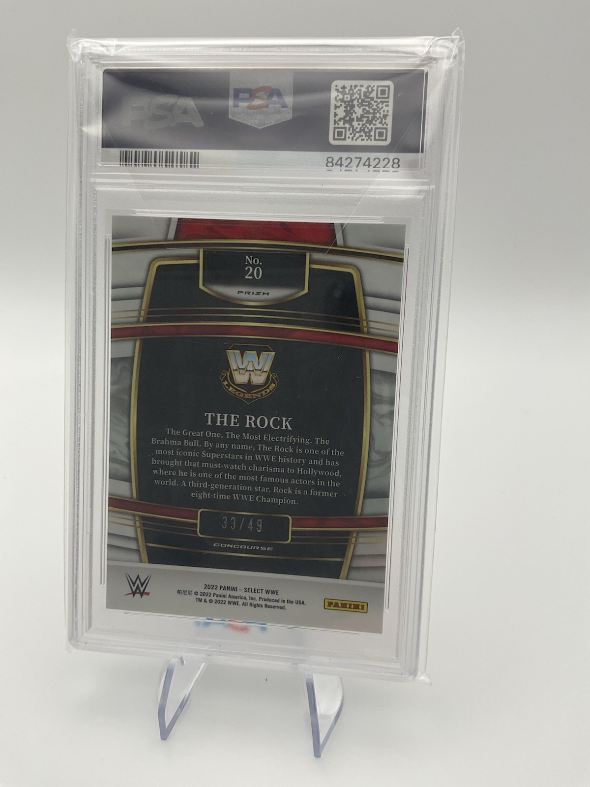 2022 Panini Select WWE The Rock #20 Pink Prizm Concourse /49 PSA 9 view 2