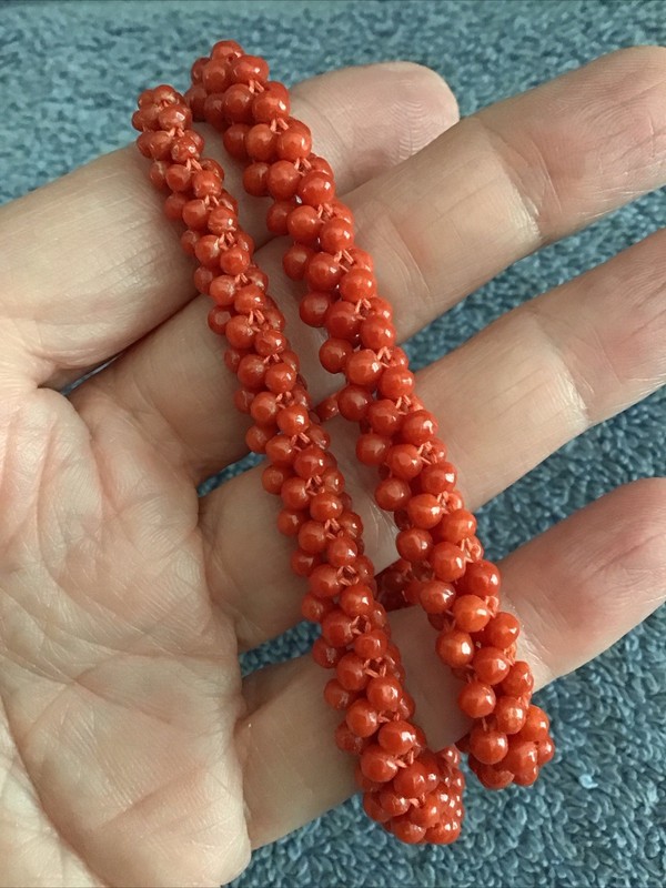 Vtg Coral Bead Necklace Woven Red Coral Orange Beaded Rope Graduated Estate Find