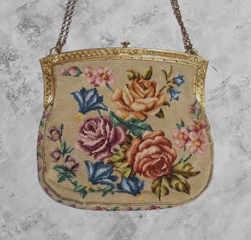 VINTAGE PETIT POINT HANDBAG Flowers Needlepoint Dated 1927 ROSES ORNATE PURSE - Picture 5 of 12