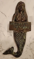 Beach House Mermaid Cast Iron Ocean Sea Mermaid Welcome Hanging Heavy Patina