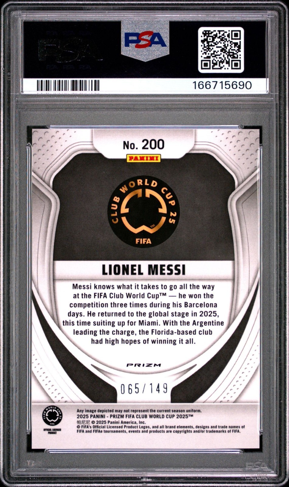 2025 Panini Prizm FIFA Club World Cup Lionel Messi Blue Glitter Prizm /149 PSA 8 view 2