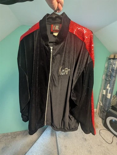 Vintage Y2K Korn Velour Track Jacket Mens L Black Red Sequin Giant RedBalls image 2