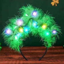 St Patrick's Day Headband Light Up Green Feather Hair Hoop Shamrock Holdiday