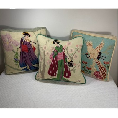 Vintage Japanese Needlepoint Pillows Set of 3 Geisha Crane Chinoiserie Decor