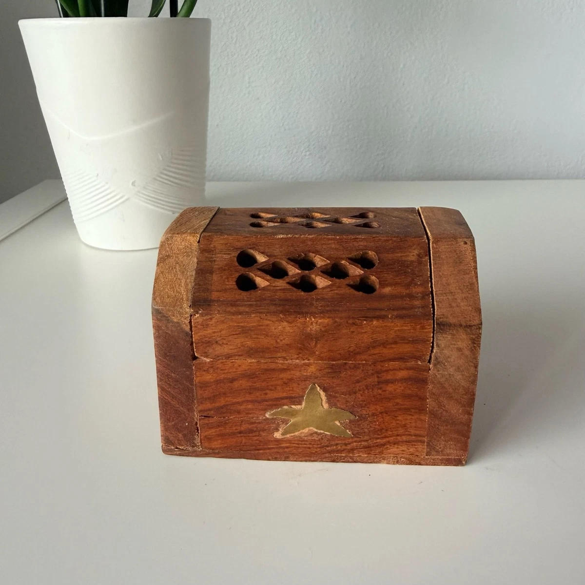 Wooden Incense Cone Holder Box with Brass Star Inlay Made in India