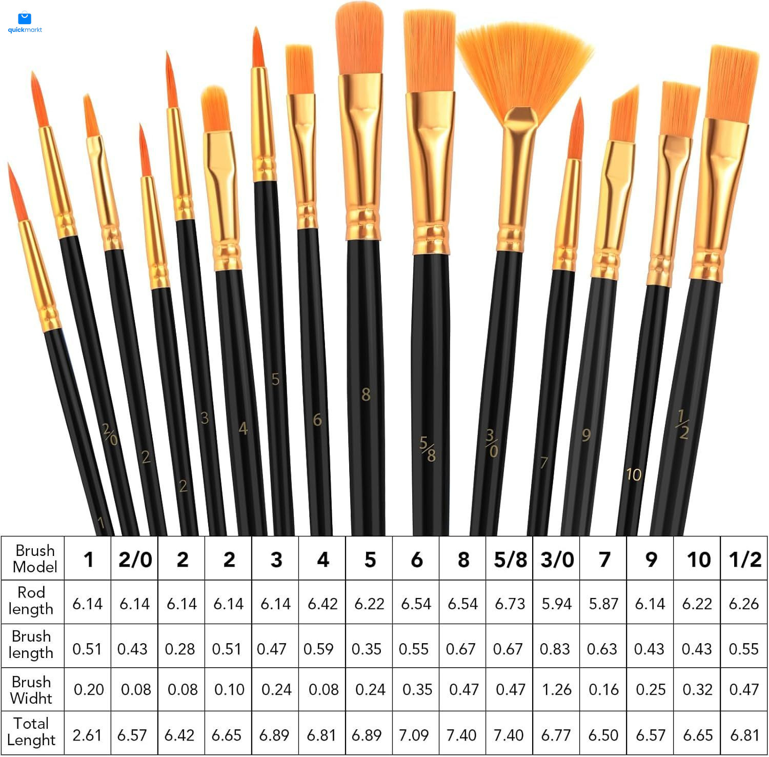 AROIC Acrylic Paint Brush Set,1pack/15pcs Nylon Hair 15pcs, Black 