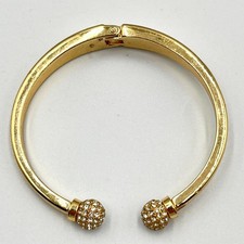 Vintage Gold Tone Hinged Bypass Bangle Pave Rhinestone Disco Ball Ends Glam Y2K