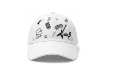 NWT Karl Lagerfeld Paris Hat Black Faux Leather Multiple Signature Embellishment