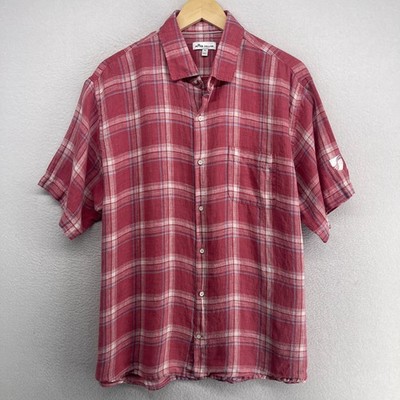 PETER MILLAR Shirt Mens XL North Shore Linen Plaid Button Up Short Sleeve Pink