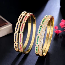Elegant Rose Red Cubic Zircon Open Cuff Bangle CZ Yellow Gold Plated Women Gift